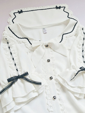 スイートロリータブラウス レースフリル ハーフスリーブブラウス ロリータトップ カラーブロック ブラックロリータシャツ