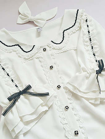 スイートロリータブラウス レースフリル ハーフスリーブブラウス ロリータトップ カラーブロック ブラックロリータシャツ