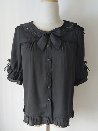 ブラック スイートロリータブラウス レースフリル ハーフスリーブブラウス ロリータトップ カラーブロック ブラックロリータシャツ