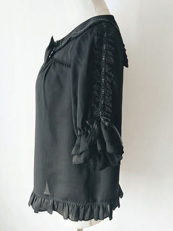 スイートロリータブラウス レースフリル ハーフスリーブブラウス ロリータトップ カラーブロック ブラックロリータシャツ