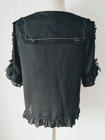 スイートロリータブラウス レースフリル ハーフスリーブブラウス ロリータトップ カラーブロック ブラックロリータシャツ