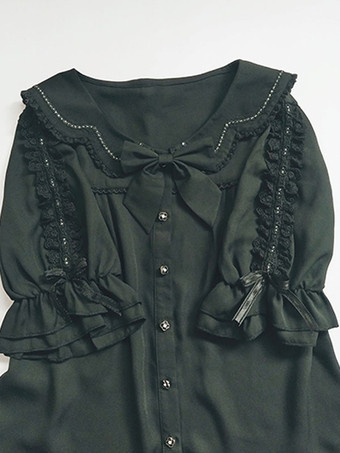 スイートロリータブラウス レースフリル ハーフスリーブブラウス ロリータトップ カラーブロック ブラックロリータシャツ