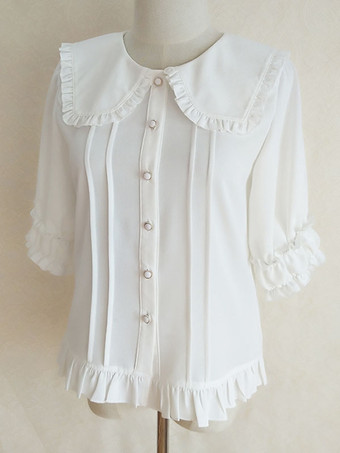 アカデミックロリータブラウスエクリュホワイトロリータトップハーフスリーブプリーツフリルロリータシャツ