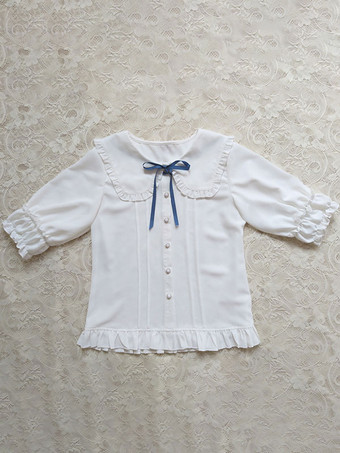 アカデミックロリータブラウスエクリュホワイトロリータトップハーフスリーブプリーツフリルロリータシャツ