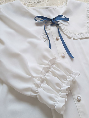 アカデミックロリータブラウスエクリュホワイトロリータトップハーフスリーブプリーツフリルロリータシャツ