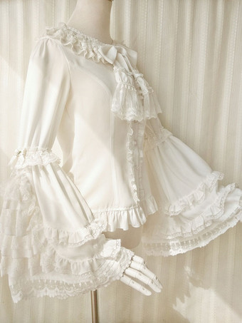 ロココ風ロリータブラウス リボン レース 長袖ブラウス ロリータトップ エクリュ ホワイト ロリータシャツ