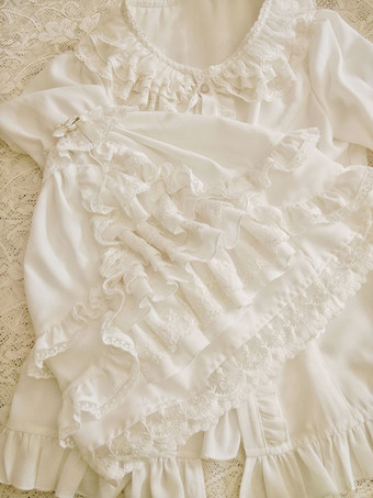 ロココ風ロリータブラウス リボン レース 長袖ブラウス ロリータトップ エクリュ ホワイト ロリータシャツ