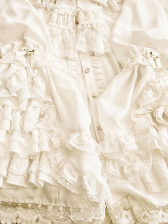 ロココ風ロリータブラウス リボン レース 長袖ブラウス ロリータトップ エクリュ ホワイト ロリータシャツ