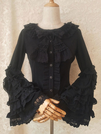 ブラック ロココ風ロリータブラウス リボン レース 長袖ブラウス ロリータトップ エクリュ ホワイト ロリータシャツ