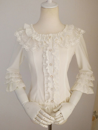 アイボリー スイートロリータブラウス フリル 半袖ブラウス ロリータトップ エクリュホワイトロリータシャツ