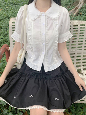 ロココ風ロリータブラウス ホワイト 半袖 フリル ロリータトップ ロリータシャツ