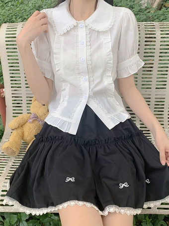 ロココ風ロリータブラウス ホワイト 半袖 フリル ロリータトップ ロリータシャツ