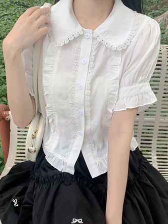ロココ風ロリータブラウス ホワイト 半袖 フリル ロリータトップ ロリータシャツ