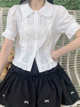 ロココ風ロリータブラウス ホワイト 半袖 フリル ロリータトップ ロリータシャツ