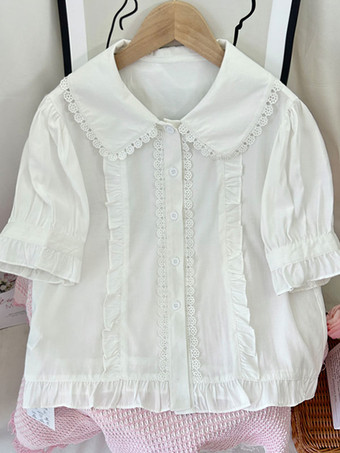 ロココ風ロリータブラウス ホワイト 半袖 フリル ロリータトップ ロリータシャツ