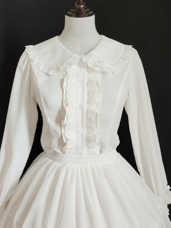 ホワイト スイートロリータブラウス フリル 長袖 ロリータトップブラウス ホワイトロリータシャツ