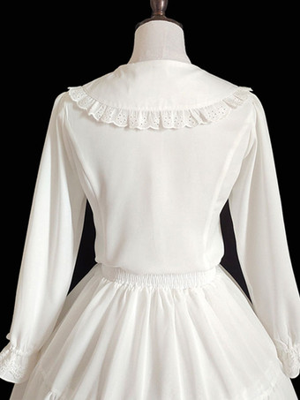 スイートロリータブラウス フリル 長袖 ロリータトップブラウス ホワイトロリータシャツ