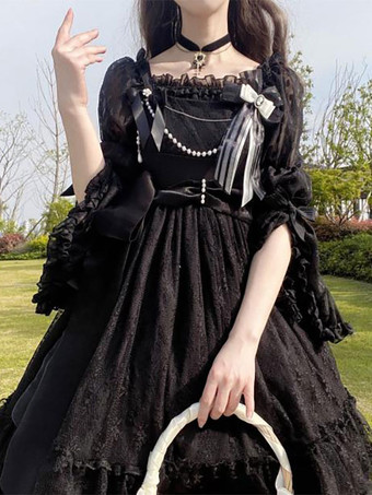ブラック スイートロリータブラウス ホワイト 長袖 ロリータトップ フリル ロリータシャツ