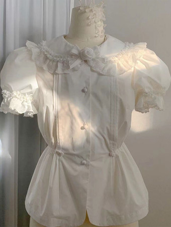 アカデミックロリータブラウス ホワイト 半袖 リボン プリーツロリータトップ ロリータシャツ