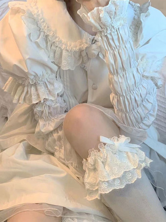 アカデミックロリータブラウス ホワイト 半袖 リボン プリーツロリータトップ ロリータシャツ