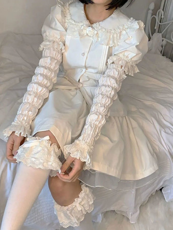 アカデミックロリータブラウス ホワイト 半袖 リボン プリーツロリータトップ ロリータシャツ