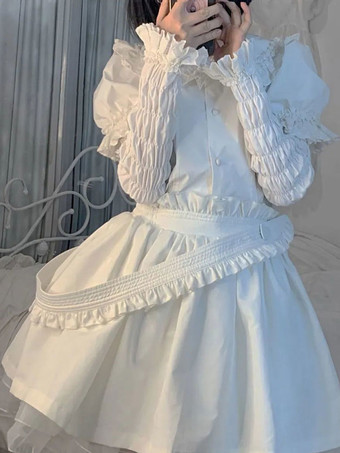 アカデミックロリータブラウス ホワイト 半袖 リボン プリーツロリータトップ ロリータシャツ
