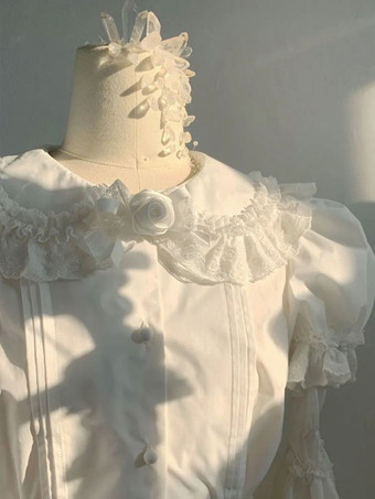 アカデミックロリータブラウス ホワイト 半袖 リボン プリーツロリータトップ ロリータシャツ