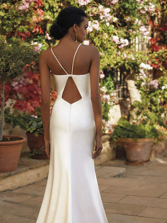 シンプルなウェディングドレス サテン生地 スクエアネック ノースリーブ マーメイドブライダルドレス