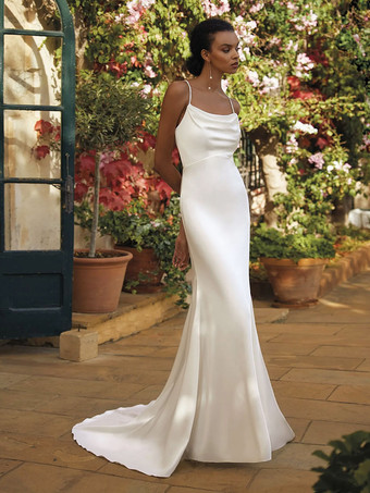 シンプルなウェディングドレス サテン生地 スクエアネック ノースリーブ マーメイドブライダルドレス