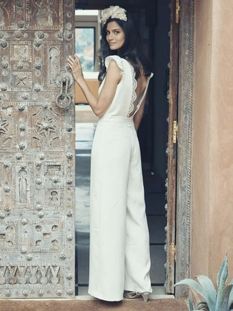 ブライダルジャンプスーツ ストレッチクレープ レース フロアレングスジャンプスーツ Vネック 半袖 ナチュラルウエスト アイボリー