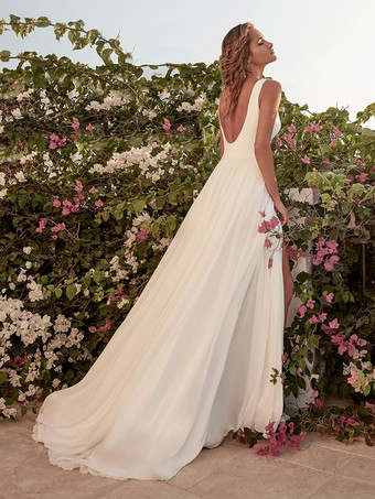 シンプルなウェディングドレス サテン生地 ジュエルネック ノースリーブ フロントスリット Aライン ブライダルドレス