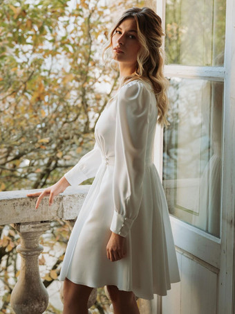 ウェディングドレス Vネック 長袖 Aライン 膝丈 ブライダルドレス