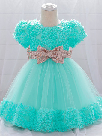 ティールグリーン白いフラワーガールドレス 特別な日のためのドレス ホワイトレース 半袖 ジュエルネック フラワーガールドレス