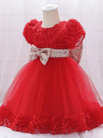 レッド 白いフラワーガールドレス 特別な日のためのドレス ホワイトレース 半袖 ジュエルネック フラワーガールドレス