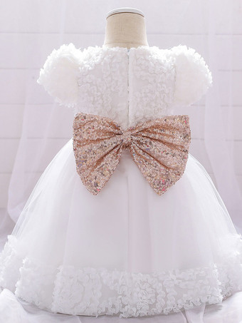 白いフラワーガールドレス 特別な日のためのドレス ホワイトレース 半袖 ジュエルネック フラワーガールドレス