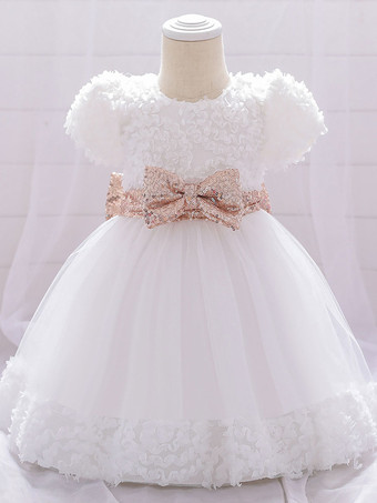 白いフラワーガールドレス 特別な日のためのドレス ホワイトレース 半袖 ジュエルネック フラワーガールドレス