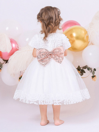 白いフラワーガールドレス 特別な日のためのドレス ホワイトレース 半袖 ジュエルネック フラワーガールドレス