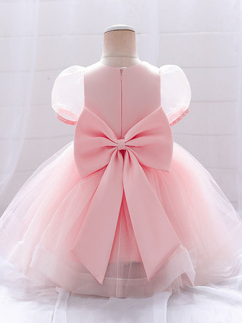 白いフラワーガールドレス 特別な日のためのドレス ホワイトサテン生地 半袖 ジュエルネック フラワーガールドレス