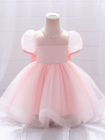 ピンク白いフラワーガールドレス 特別な日のためのドレス ホワイトサテン生地 半袖 ジュエルネック フラワーガールドレス