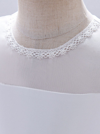 白いフラワーガールドレス 特別な日のためのドレス ホワイトサテン生地 半袖 ジュエルネック フラワーガールドレス