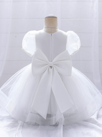 白いフラワーガールドレス 特別な日のためのドレス ホワイトサテン生地 半袖 ジュエルネック フラワーガールドレス