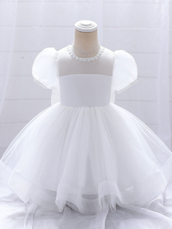 白いフラワーガールドレス 特別な日のためのドレス ホワイトサテン生地 半袖 ジュエルネック フラワーガールドレス
