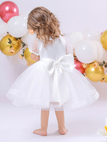 白いフラワーガールドレス 特別な日のためのドレス ホワイトサテン生地 半袖 ジュエルネック フラワーガールドレス