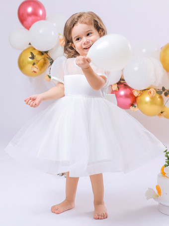 白いフラワーガールドレス 特別な日のためのドレス ホワイトサテン生地 半袖 ジュエルネック フラワーガールドレス