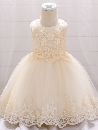 シャンパンカラー白いフラワーガールドレス 特別な日のためのドレス ホワイトレース ノースリーブ ジュエルネック フラワーガールドレス