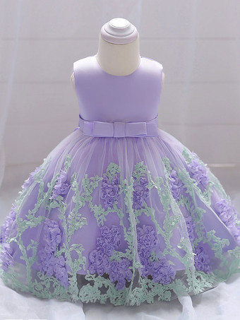 パープル 白いフラワーガールドレス 特別な日のためのドレス 黄色のレース ノースリーブ ジュエルネック フラワーガールドレス