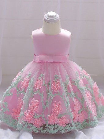 ピンク白いフラワーガールドレス 特別な日のためのドレス 黄色のレース ノースリーブ ジュエルネック フラワーガールドレス