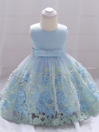 ベビーブルー白いフラワーガールドレス 特別な日のためのドレス 黄色のレース ノースリーブ ジュエルネック フラワーガールドレス