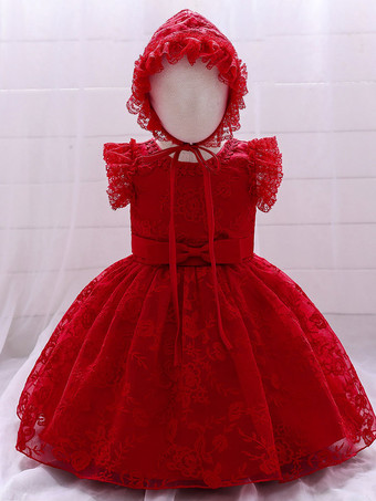 レッド 白いフラワーガールドレス 特別な日のためのドレス ホワイトレース ノースリーブ ジュエルネック フラワーガールドレス