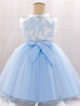 白いフラワーガールドレス 特別な日のためのドレス ブルーレース ノースリーブ ジュエルネック フラワーガールドレス